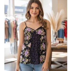 Xhilaration Cami Top Womens Medium Black Purple Floral Sleeveless Casual Chic